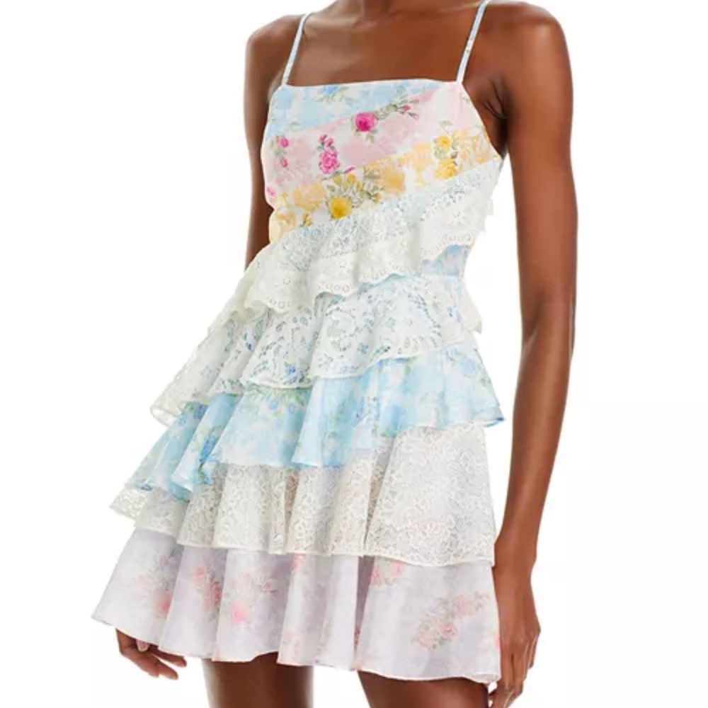 LoveShackFancy Blue and White Ruffled Tiered Mini Dress
